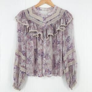 LoveShackFancy Erica Top Floral Silk Blend Tiered Ruffles Lace Feminine Size XS